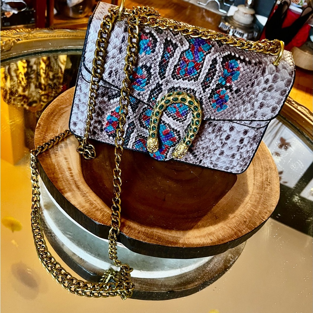 Chic Snake Print Crossbody Bag with Gold Accents
